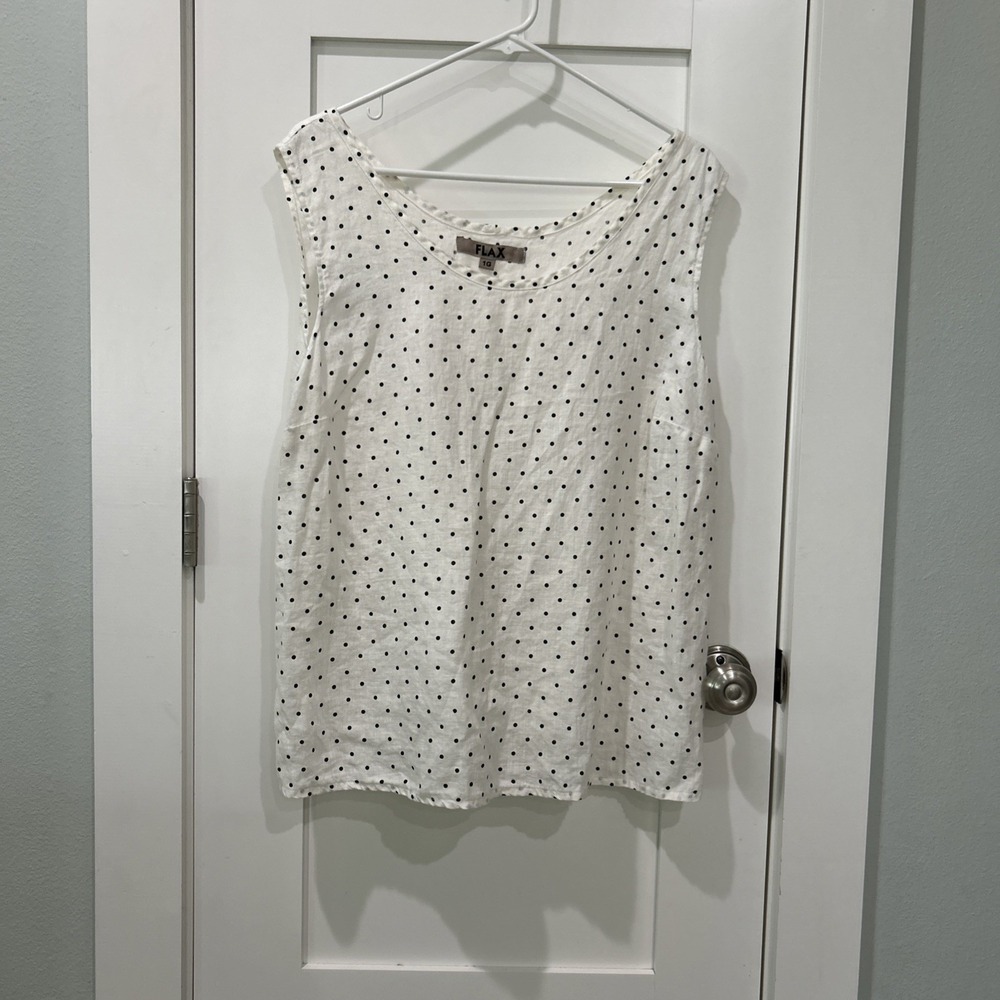 Flax Women's Plus 100% Linen White/Black Polka Dot Sleeveless Top Size 1G